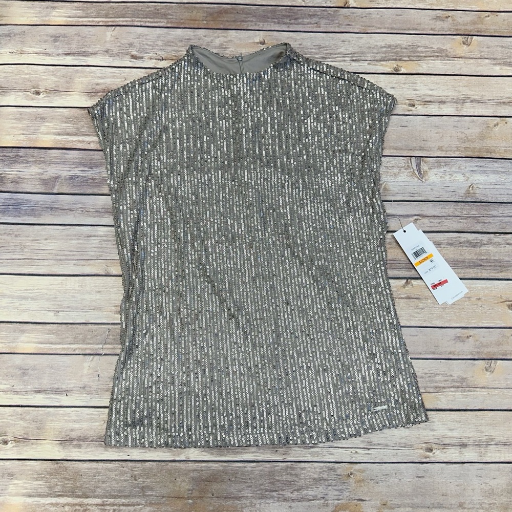 Calvin Klein Elegant High Neckline Sparkly Sequin Mesh Sleeveless Blouse S